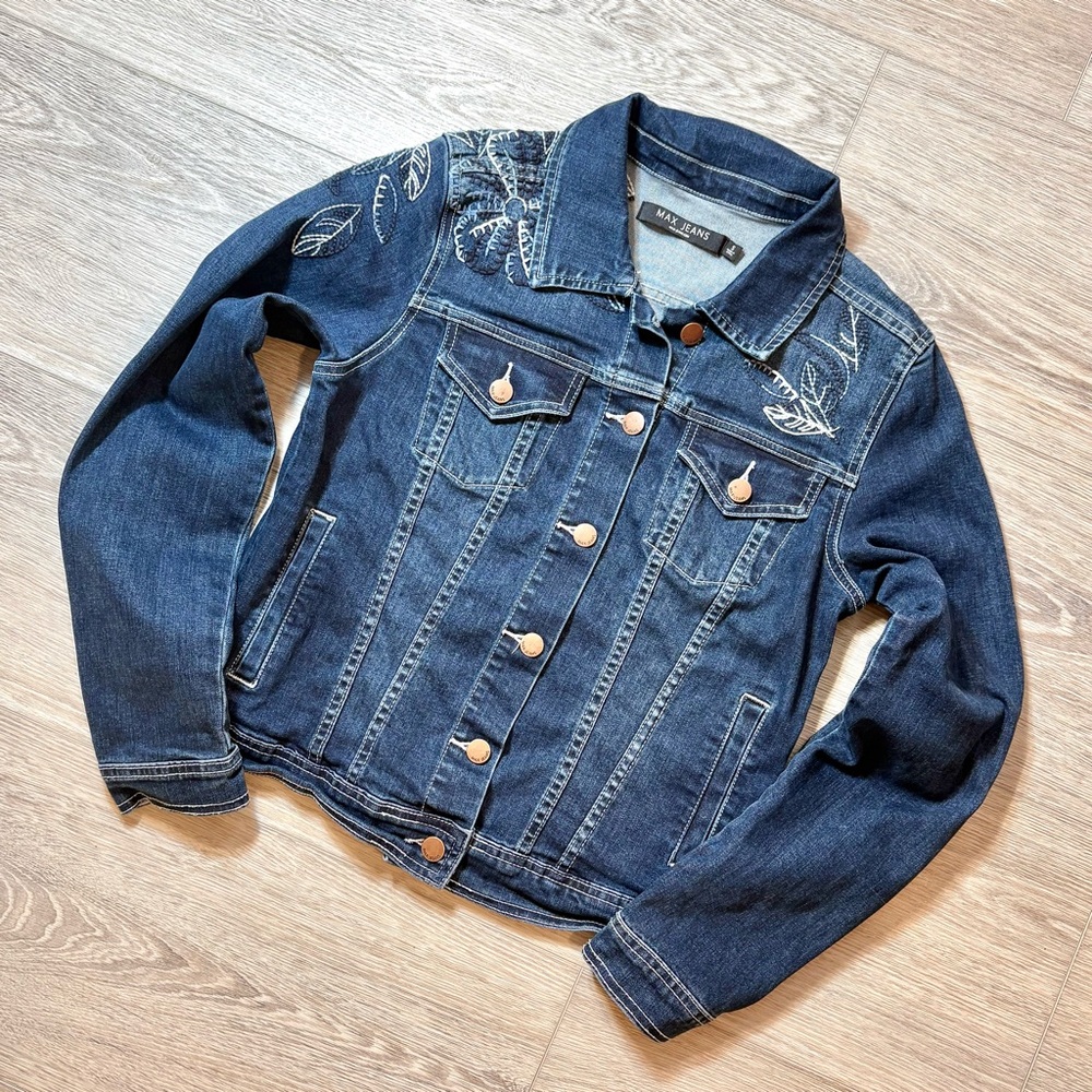 Max Jeans Floral Embroidered Denim Trucker Jacket Dark Blue Women’s Small